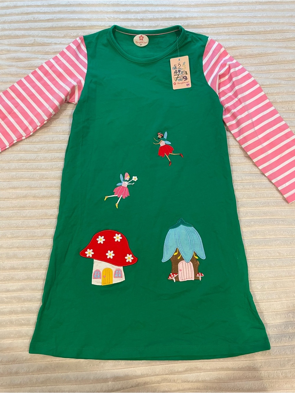 Girls' Green Fairy & Mushroom Nightgown with Pink Striped Sleeves
